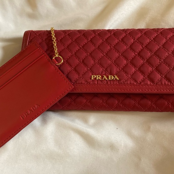 Prada Red Quilted Long Wallet with Attached ID Card Holder - Picture 12 of 16